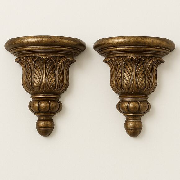 Vintage Ornate Wall Sconce Shelves Gold Corbel Pair Acanthus Leaf Wall Decor Set - Picture 1 of 6